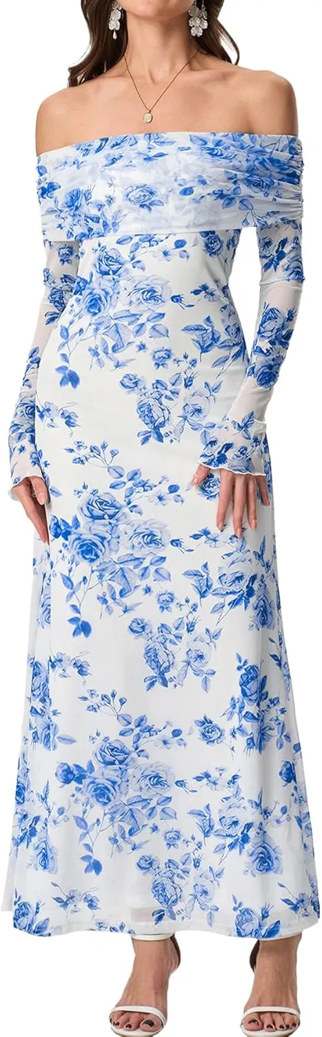 Colysmo Women Long Sleeve Mesh Off Shoulder Bodycon Maxi Dress Formal Wedding Guest Elegant Party Dresses