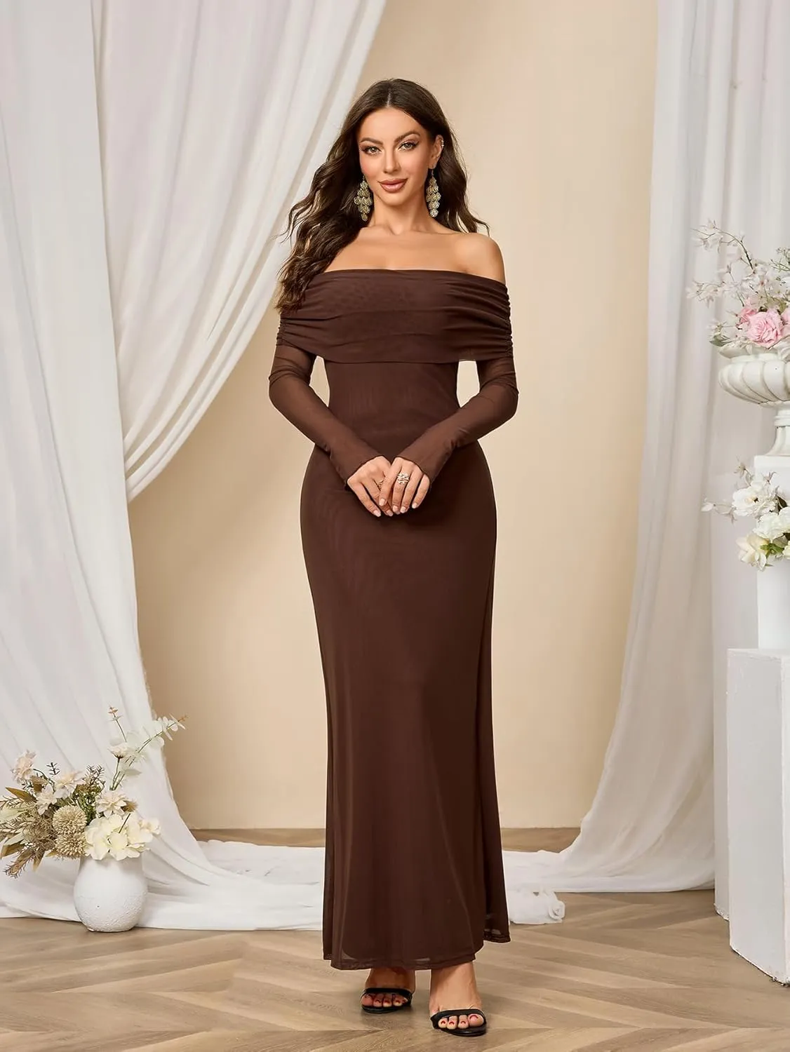 Colysmo Women Long Sleeve Mesh Off Shoulder Bodycon Maxi Dress Formal Wedding Guest Elegant Party Dresses