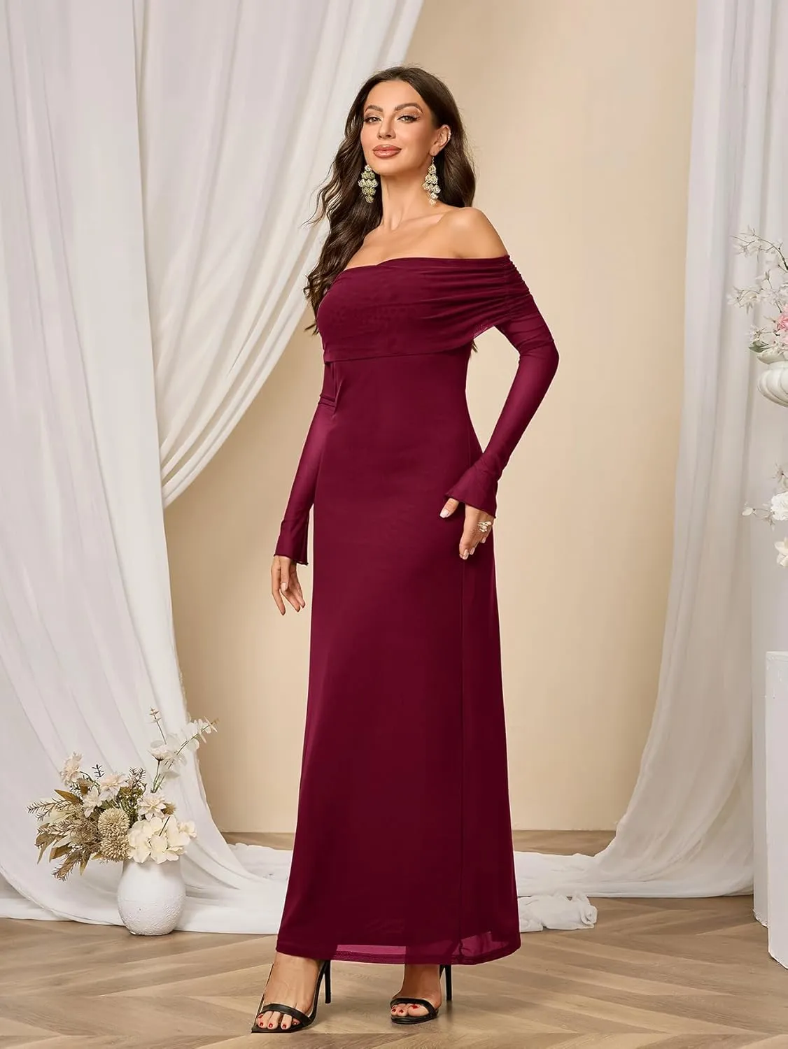 Colysmo Women Long Sleeve Mesh Off Shoulder Bodycon Maxi Dress Formal Wedding Guest Elegant Party Dresses