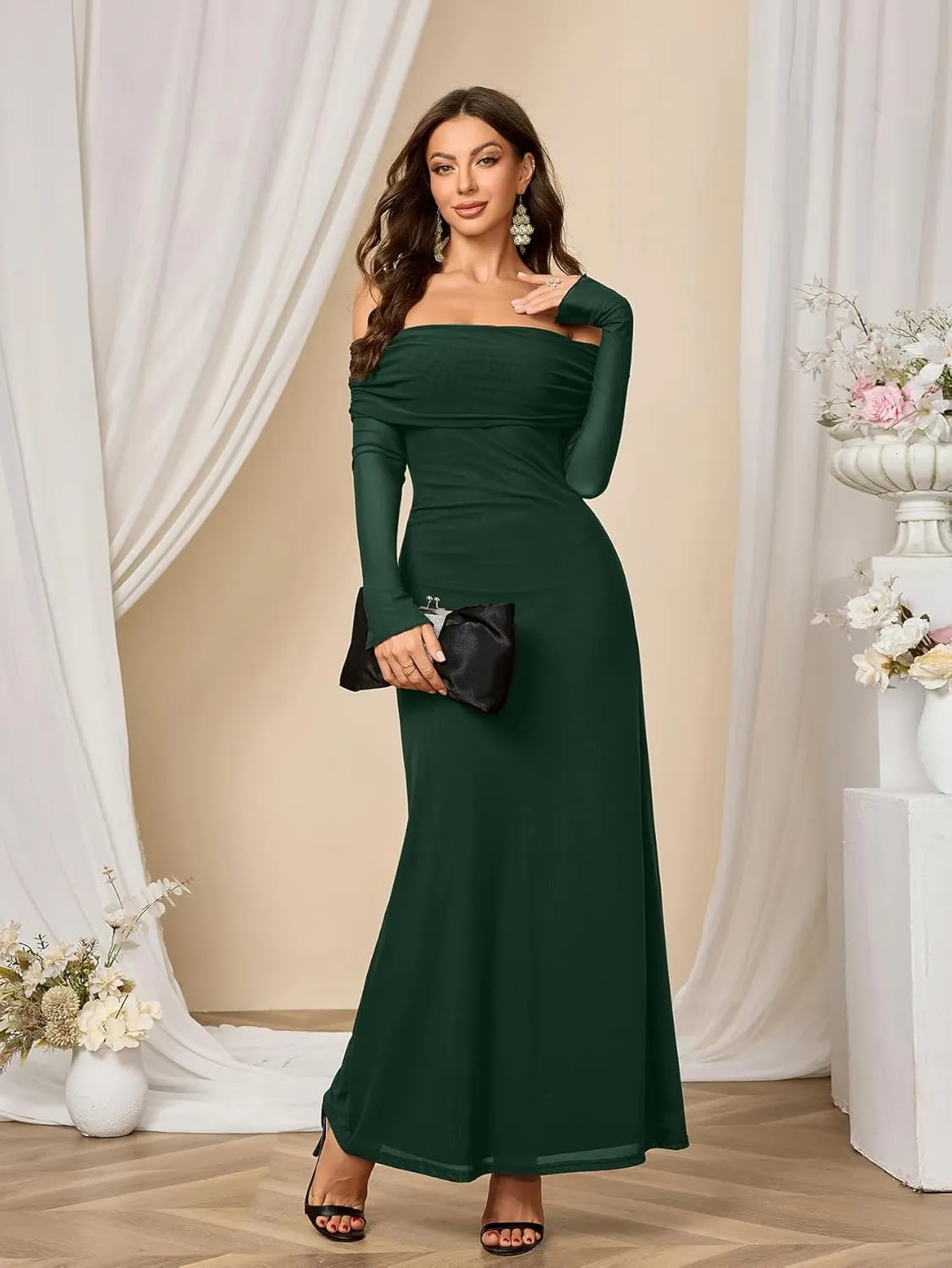 Colysmo Women Long Sleeve Mesh Off Shoulder Bodycon Maxi Dress Formal Wedding Guest Elegant Party Dresses