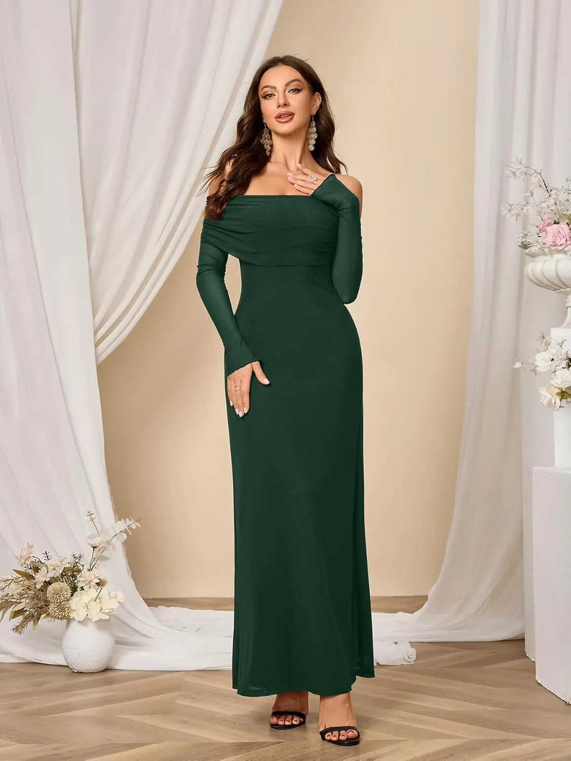 Colysmo Women Long Sleeve Mesh Off Shoulder Bodycon Maxi Dress Formal Wedding Guest Elegant Party Dresses