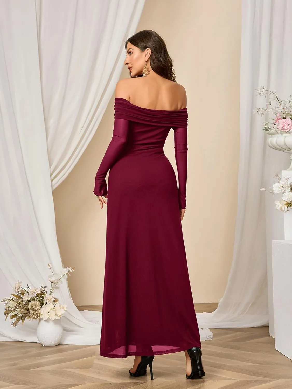 Colysmo Women Long Sleeve Mesh Off Shoulder Bodycon Maxi Dress Formal Wedding Guest Elegant Party Dresses
