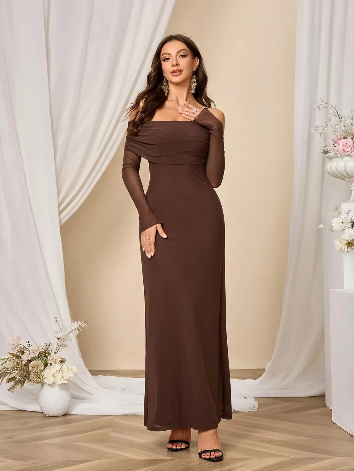 Colysmo Women Long Sleeve Mesh Off Shoulder Bodycon Maxi Dress Formal Wedding Guest Elegant Party Dresses