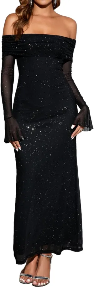 Colysmo Women Long Sleeve Mesh Off Shoulder Bodycon Maxi Dress Formal Wedding Guest Elegant Party Dresses