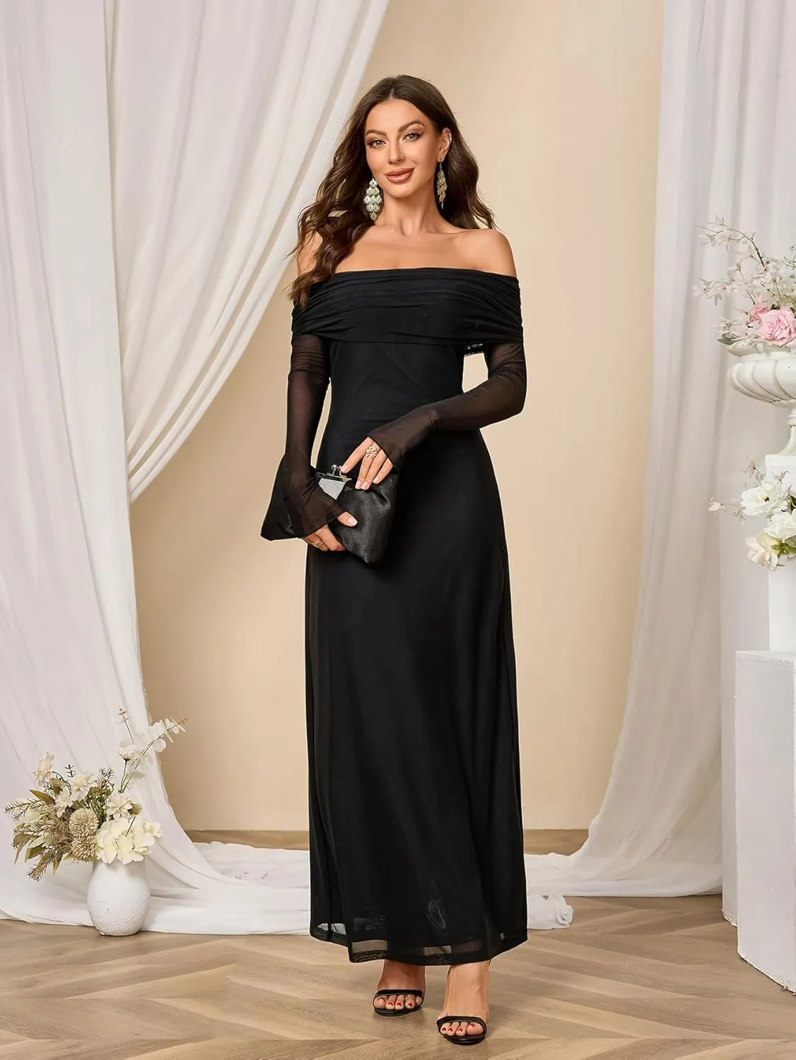 Colysmo Women Long Sleeve Mesh Off Shoulder Bodycon Maxi Dress Formal Wedding Guest Elegant Party Dresses