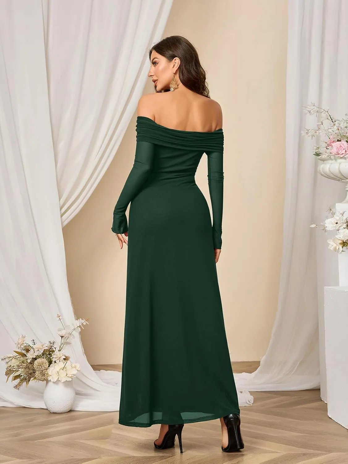 Colysmo Women Long Sleeve Mesh Off Shoulder Bodycon Maxi Dress Formal Wedding Guest Elegant Party Dresses