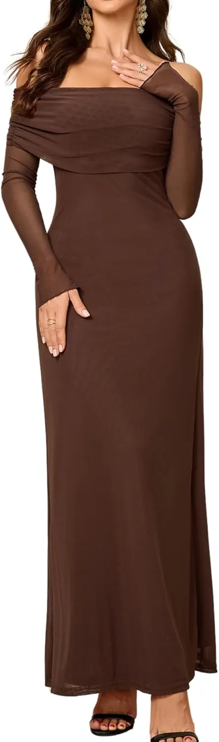 Colysmo Women Long Sleeve Mesh Off Shoulder Bodycon Maxi Dress Formal Wedding Guest Elegant Party Dresses