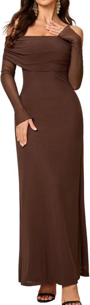 Colysmo Women Long Sleeve Mesh Off Shoulder Bodycon Maxi Dress Formal Wedding Guest Elegant Party Dresses