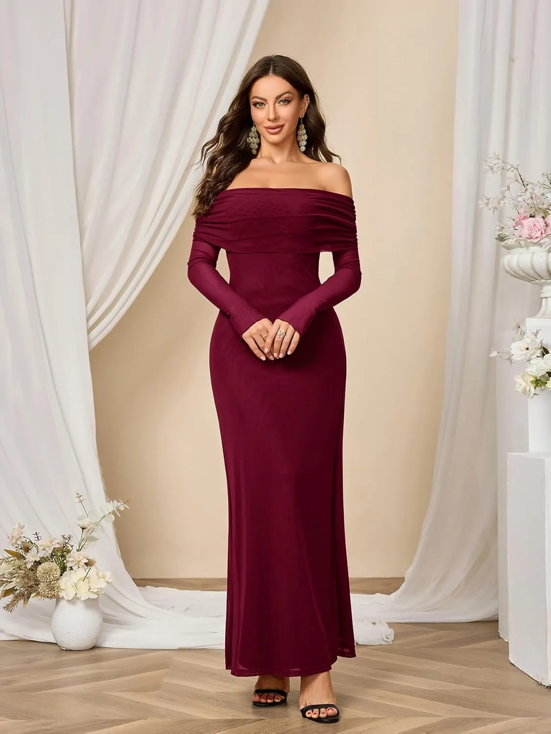 Colysmo Women Long Sleeve Mesh Off Shoulder Bodycon Maxi Dress Formal Wedding Guest Elegant Party Dresses