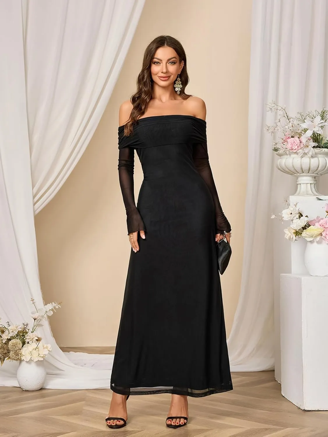 Colysmo Women Long Sleeve Mesh Off Shoulder Bodycon Maxi Dress Formal Wedding Guest Elegant Party Dresses