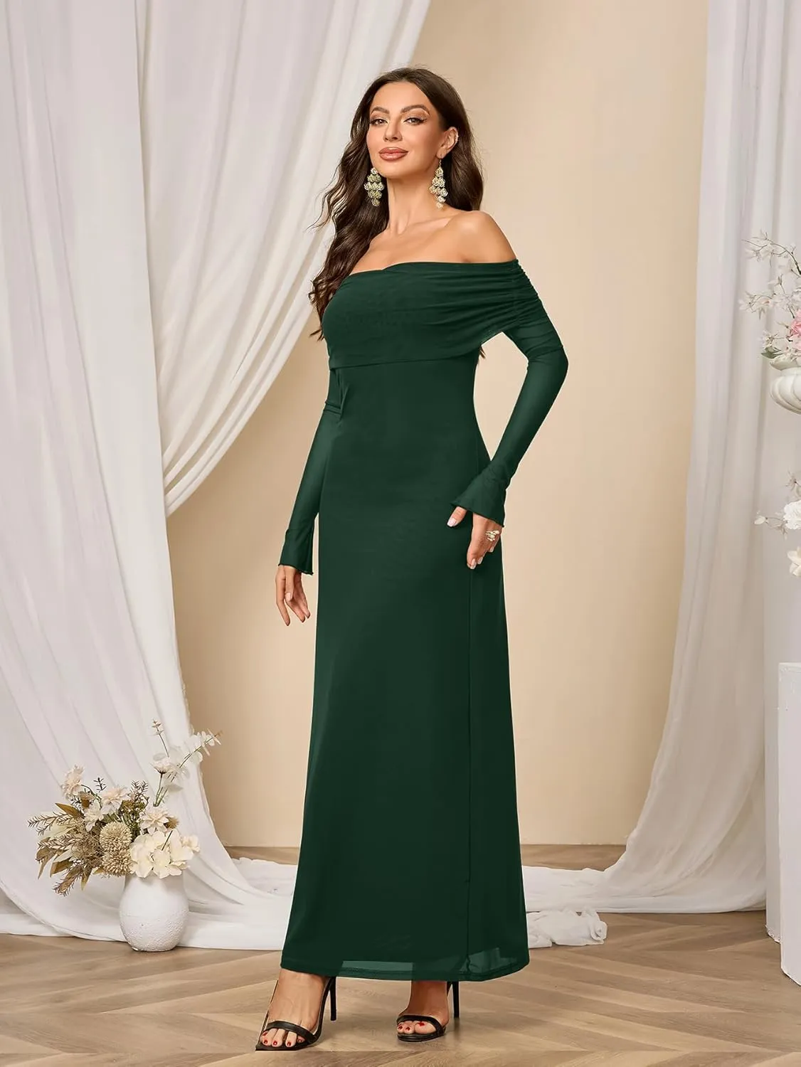 Colysmo Women Long Sleeve Mesh Off Shoulder Bodycon Maxi Dress Formal Wedding Guest Elegant Party Dresses