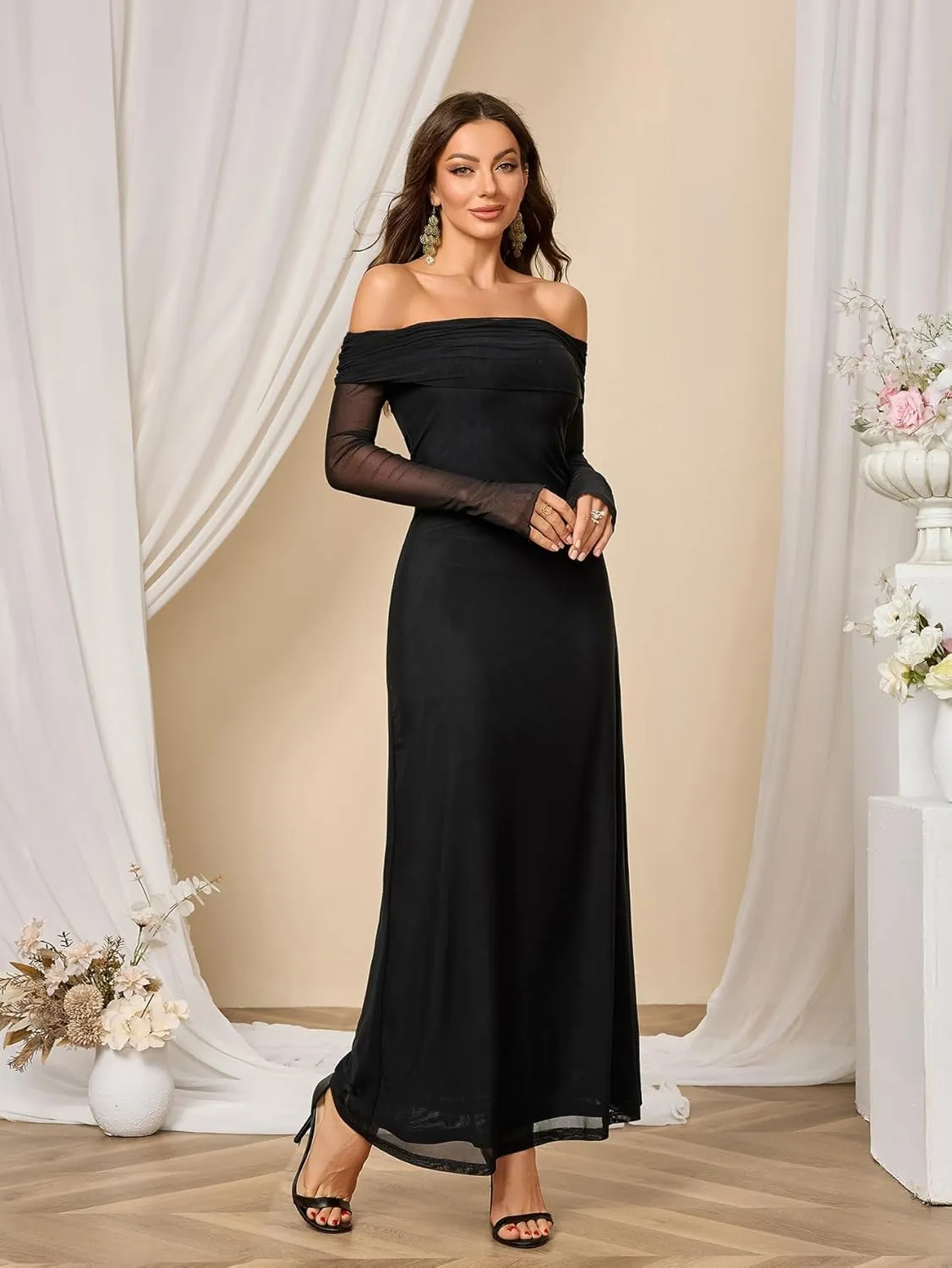 Colysmo Women Long Sleeve Mesh Off Shoulder Bodycon Maxi Dress Formal Wedding Guest Elegant Party Dresses