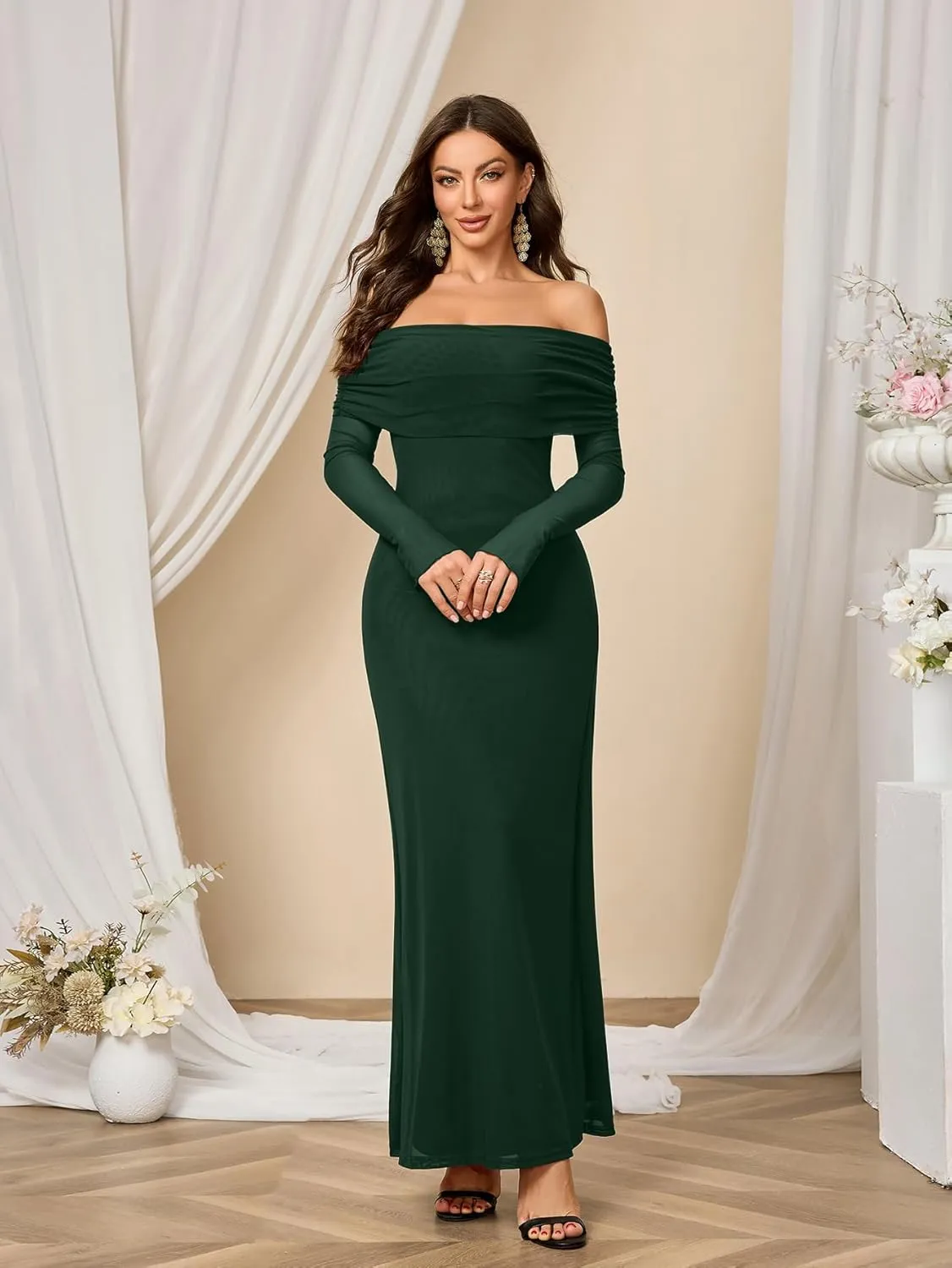 Colysmo Women Long Sleeve Mesh Off Shoulder Bodycon Maxi Dress Formal Wedding Guest Elegant Party Dresses