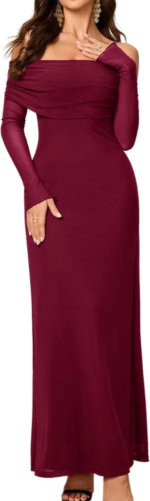 Colysmo Women Long Sleeve Mesh Off Shoulder Bodycon Maxi Dress Formal Wedding Guest Elegant Party Dresses