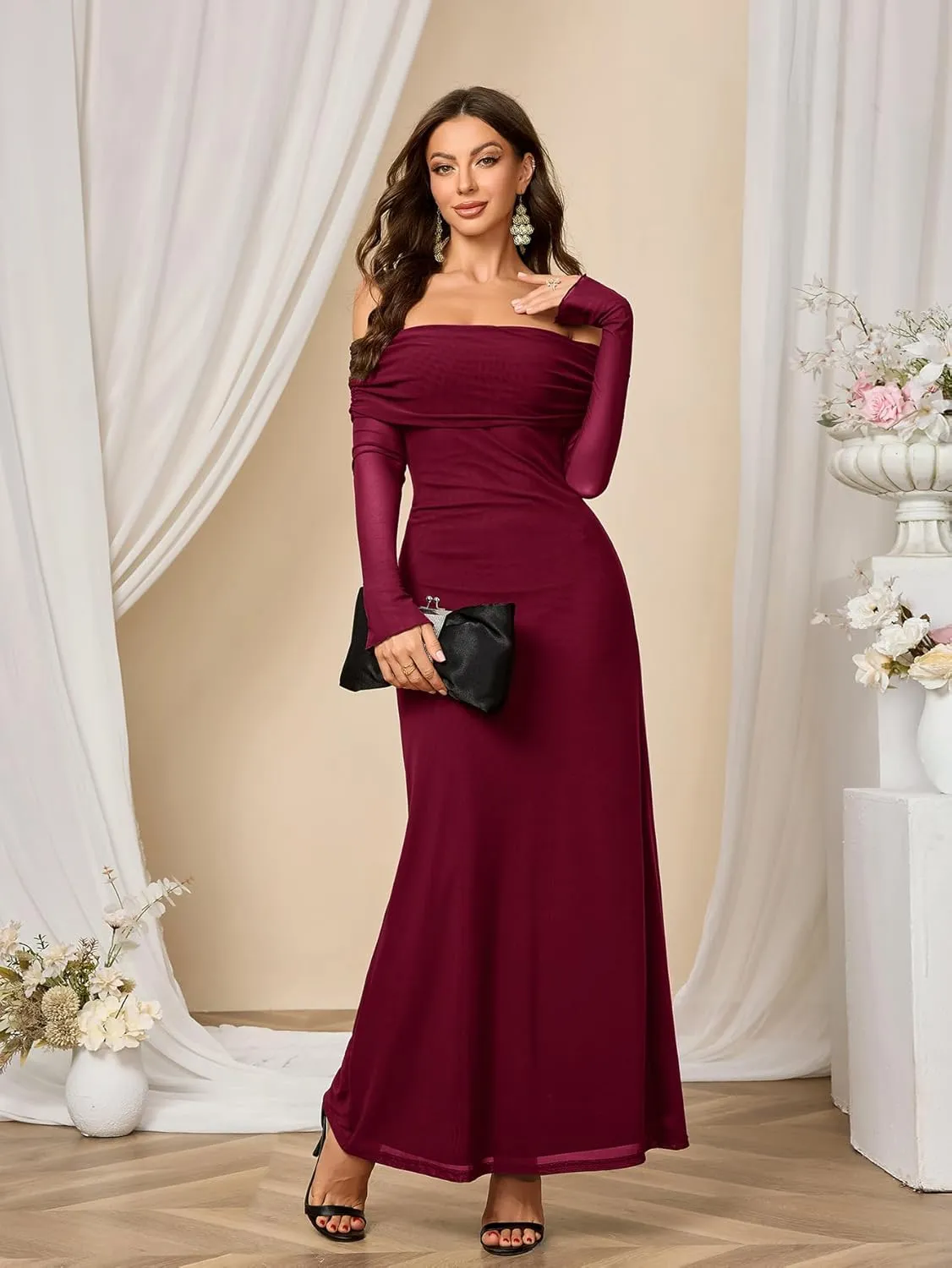 Colysmo Women Long Sleeve Mesh Off Shoulder Bodycon Maxi Dress Formal Wedding Guest Elegant Party Dresses