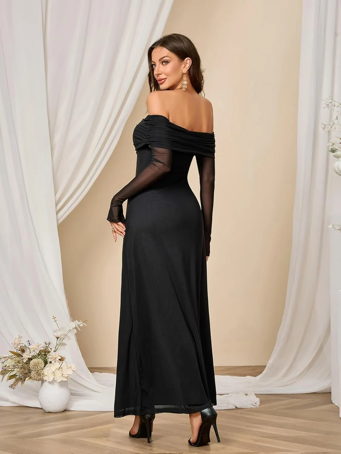 Colysmo Women Long Sleeve Mesh Off Shoulder Bodycon Maxi Dress Formal Wedding Guest Elegant Party Dresses