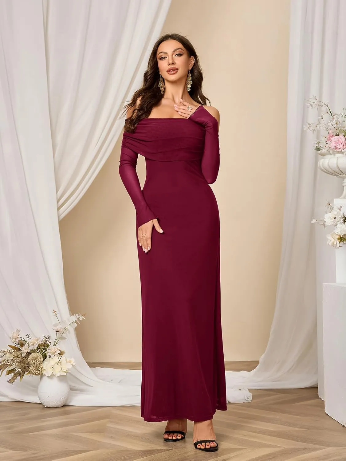 Colysmo Women Long Sleeve Mesh Off Shoulder Bodycon Maxi Dress Formal Wedding Guest Elegant Party Dresses
