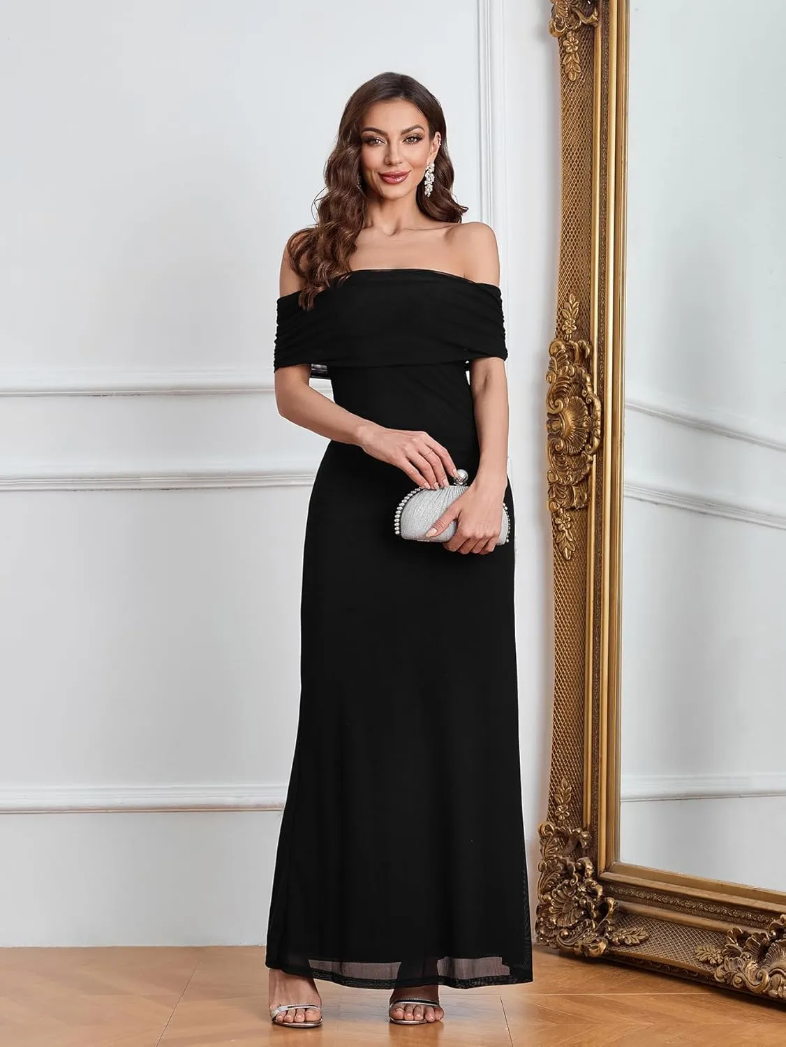 Colysmo Women Off Shoulder Mesh Bodycon Maxi Dress Ruched Formal Wedding Guest Long Dresses