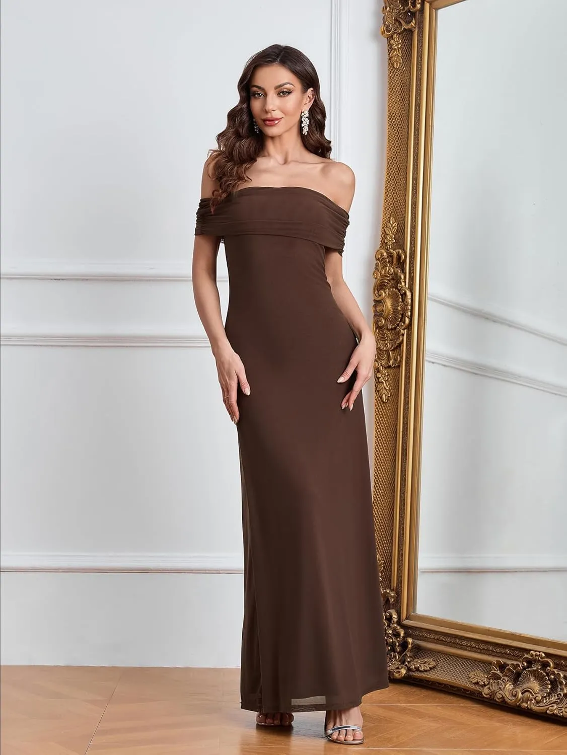 Colysmo Women Off Shoulder Mesh Bodycon Maxi Dress Ruched Formal Wedding Guest Long Dresses