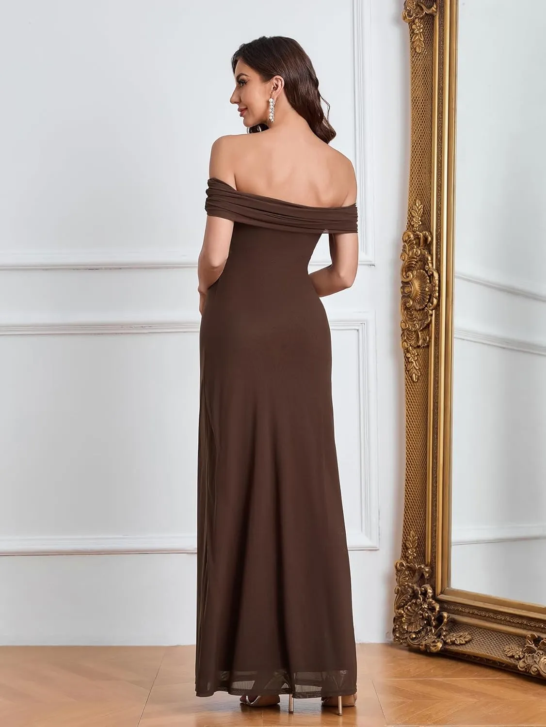 Colysmo Women Off Shoulder Mesh Bodycon Maxi Dress Ruched Formal Wedding Guest Long Dresses