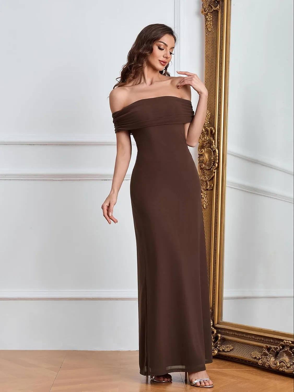 Colysmo Women Off Shoulder Mesh Bodycon Maxi Dress Ruched Formal Wedding Guest Long Dresses