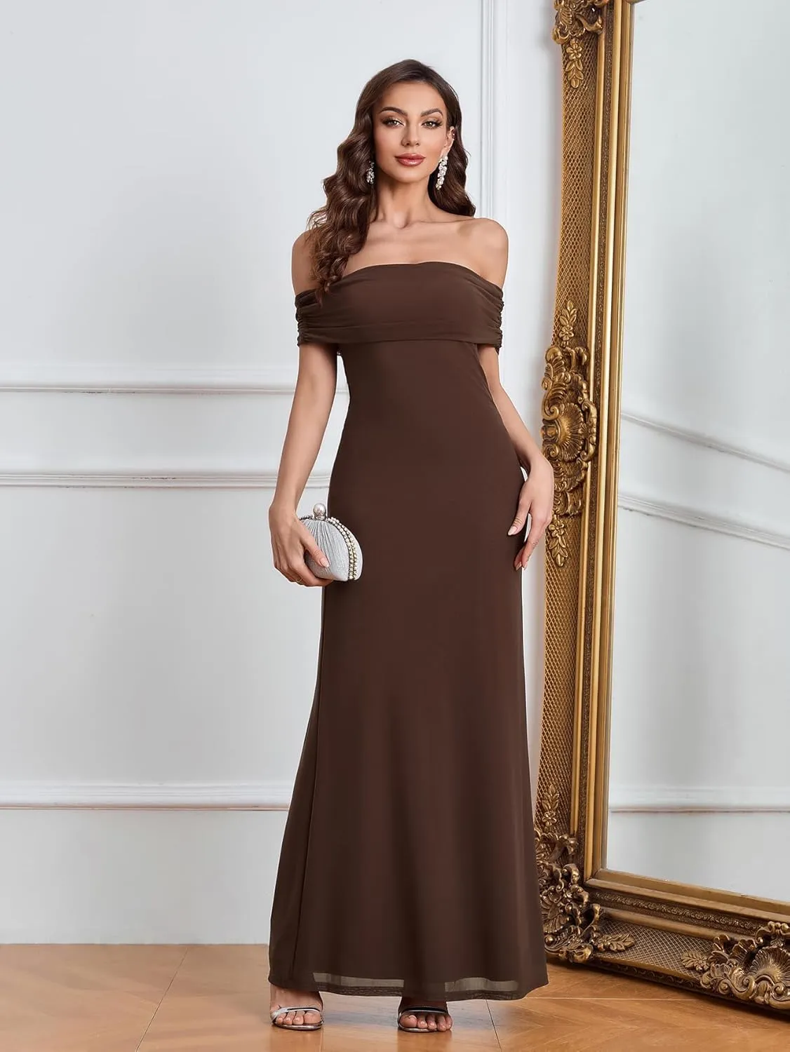 Colysmo Women Off Shoulder Mesh Bodycon Maxi Dress Ruched Formal Wedding Guest Long Dresses
