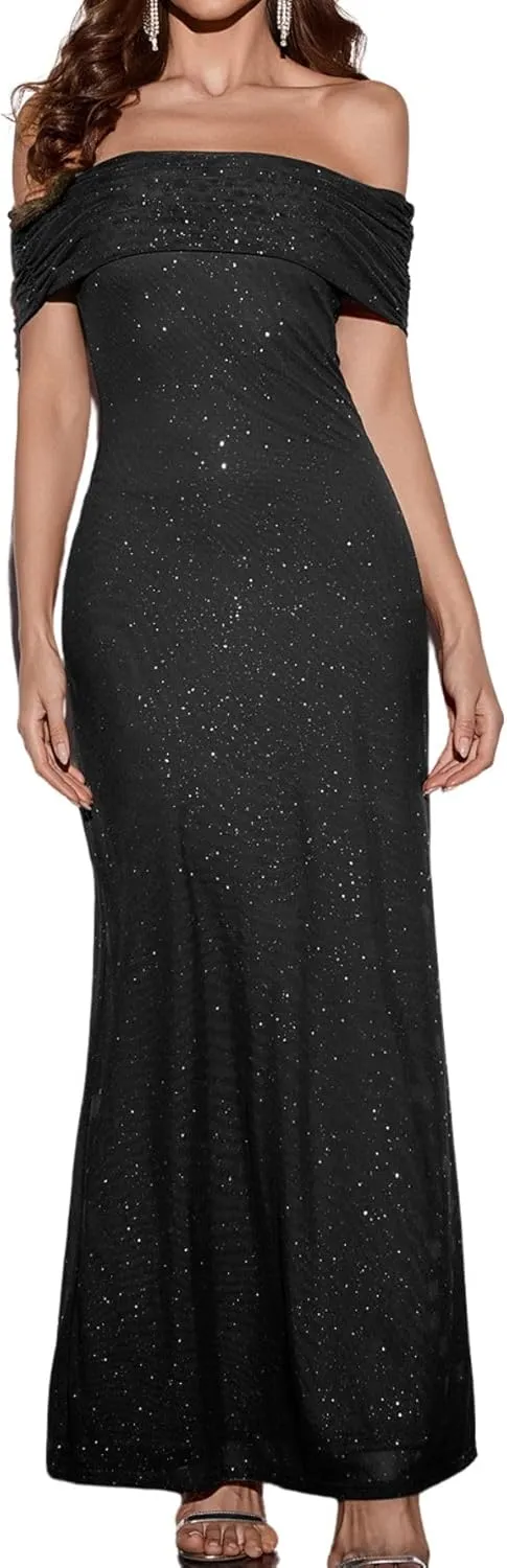 Colysmo Women Off Shoulder Mesh Bodycon Maxi Dress Ruched Formal Wedding Guest Long Dresses