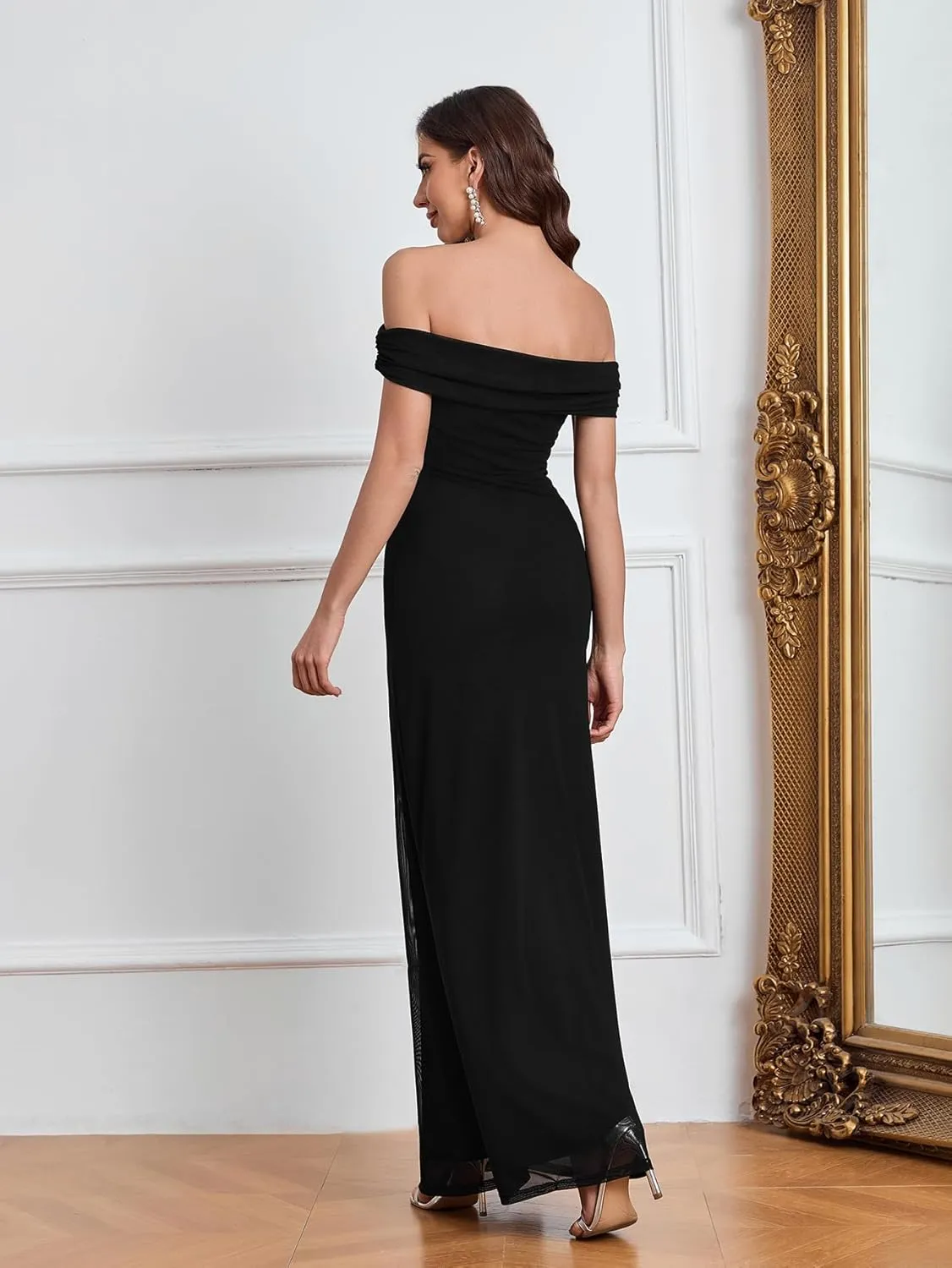 Colysmo Women Off Shoulder Mesh Bodycon Maxi Dress Ruched Formal Wedding Guest Long Dresses