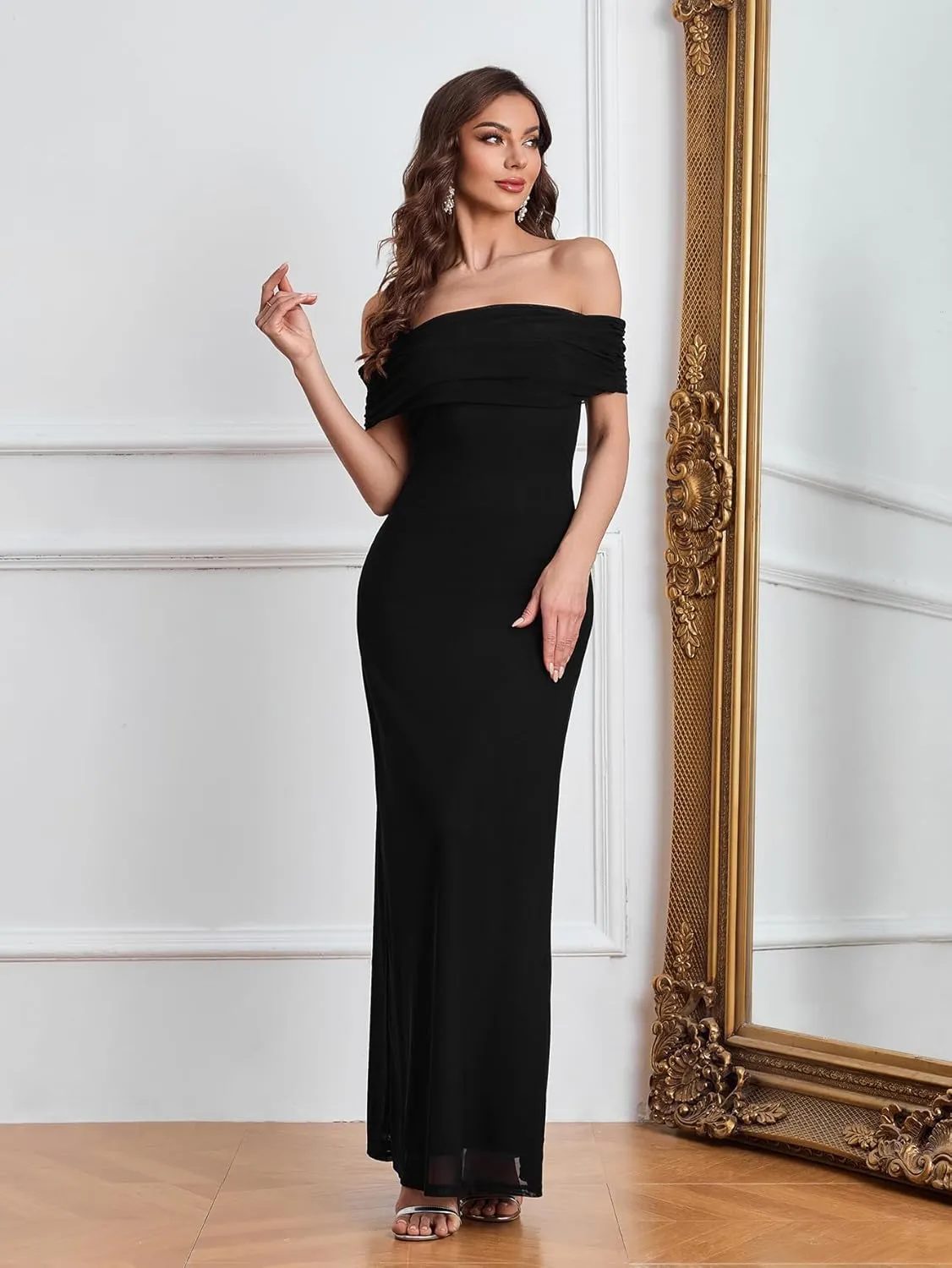 Colysmo Women Off Shoulder Mesh Bodycon Maxi Dress Ruched Formal Wedding Guest Long Dresses