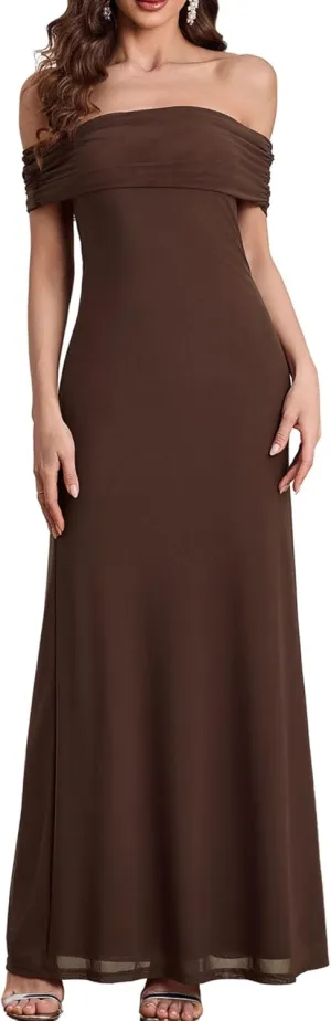 Colysmo Women Off Shoulder Mesh Bodycon Maxi Dress Ruched Formal Wedding Guest Long Dresses