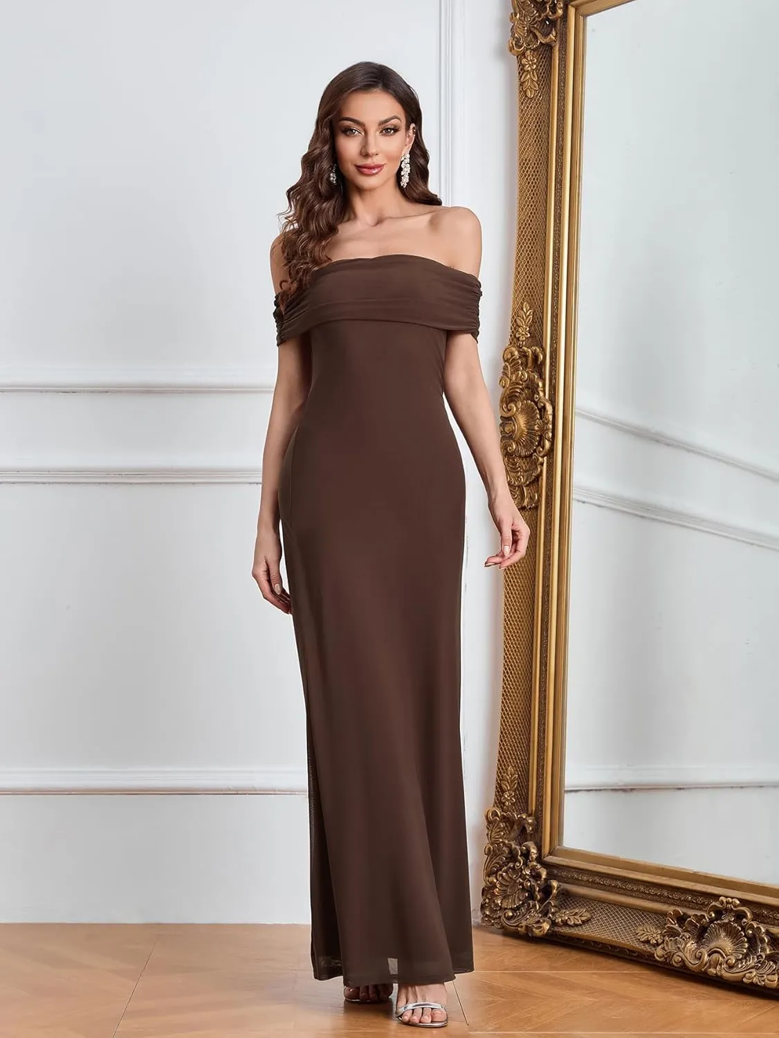 Colysmo Women Off Shoulder Mesh Bodycon Maxi Dress Ruched Formal Wedding Guest Long Dresses
