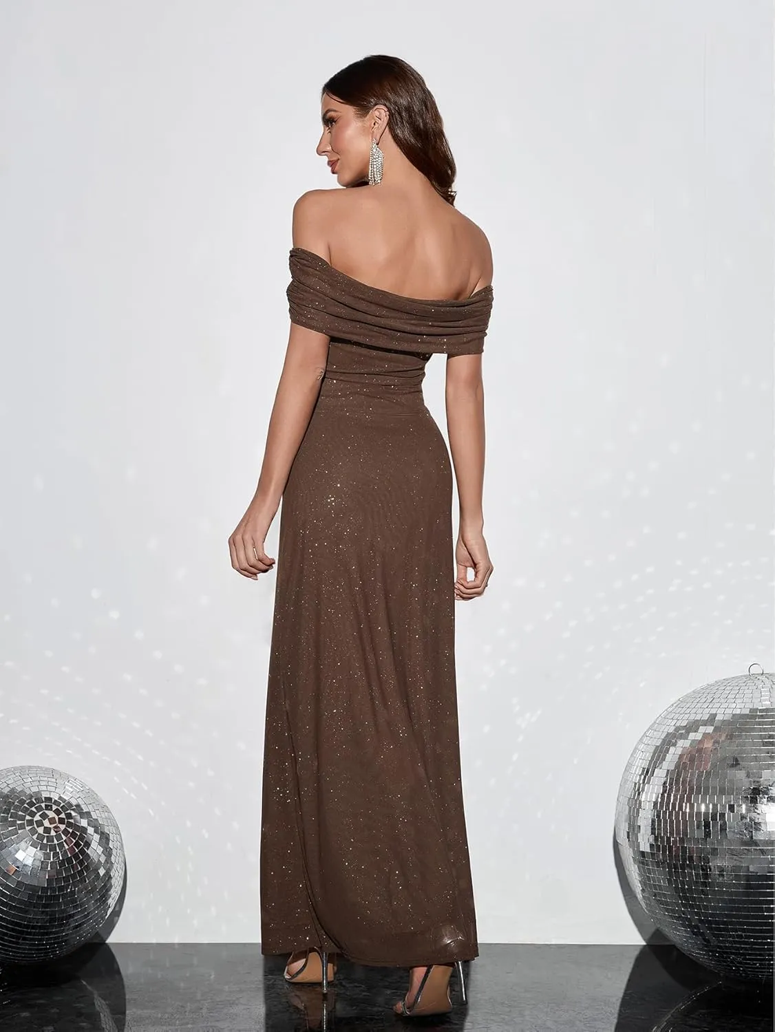 Colysmo Women Off Shoulder Mesh Bodycon Maxi Dress Ruched Formal Wedding Guest Long Dresses