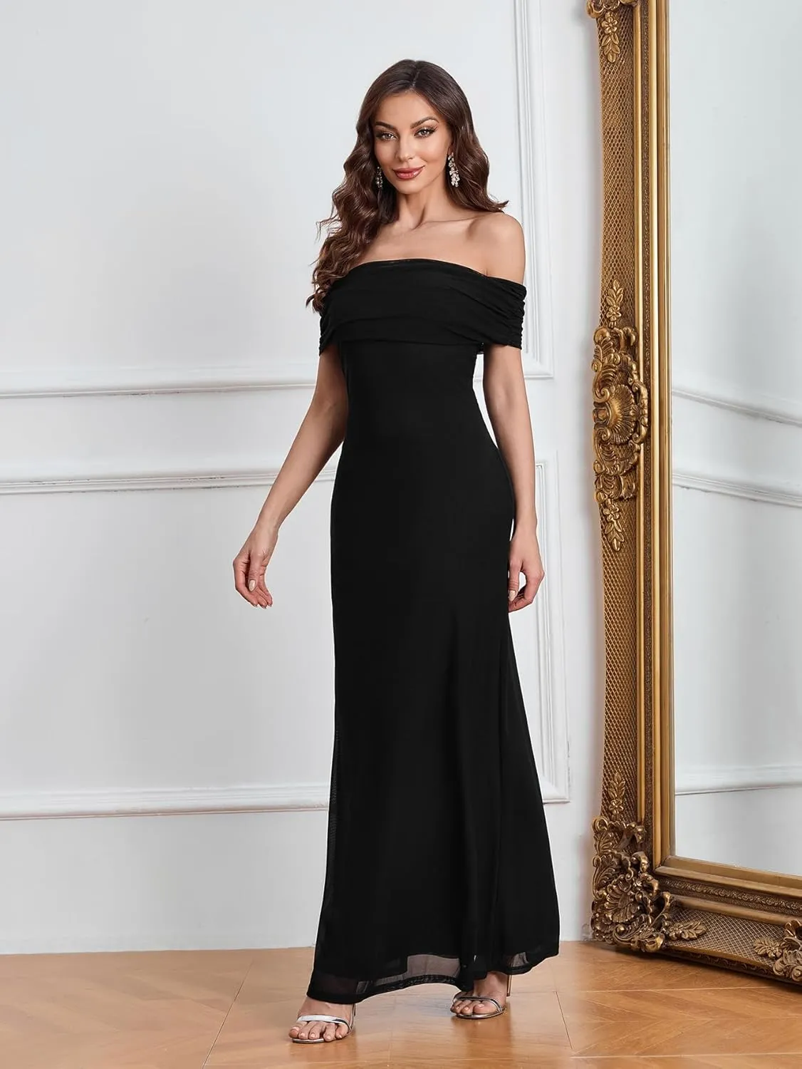 Colysmo Women Off Shoulder Mesh Bodycon Maxi Dress Ruched Formal Wedding Guest Long Dresses