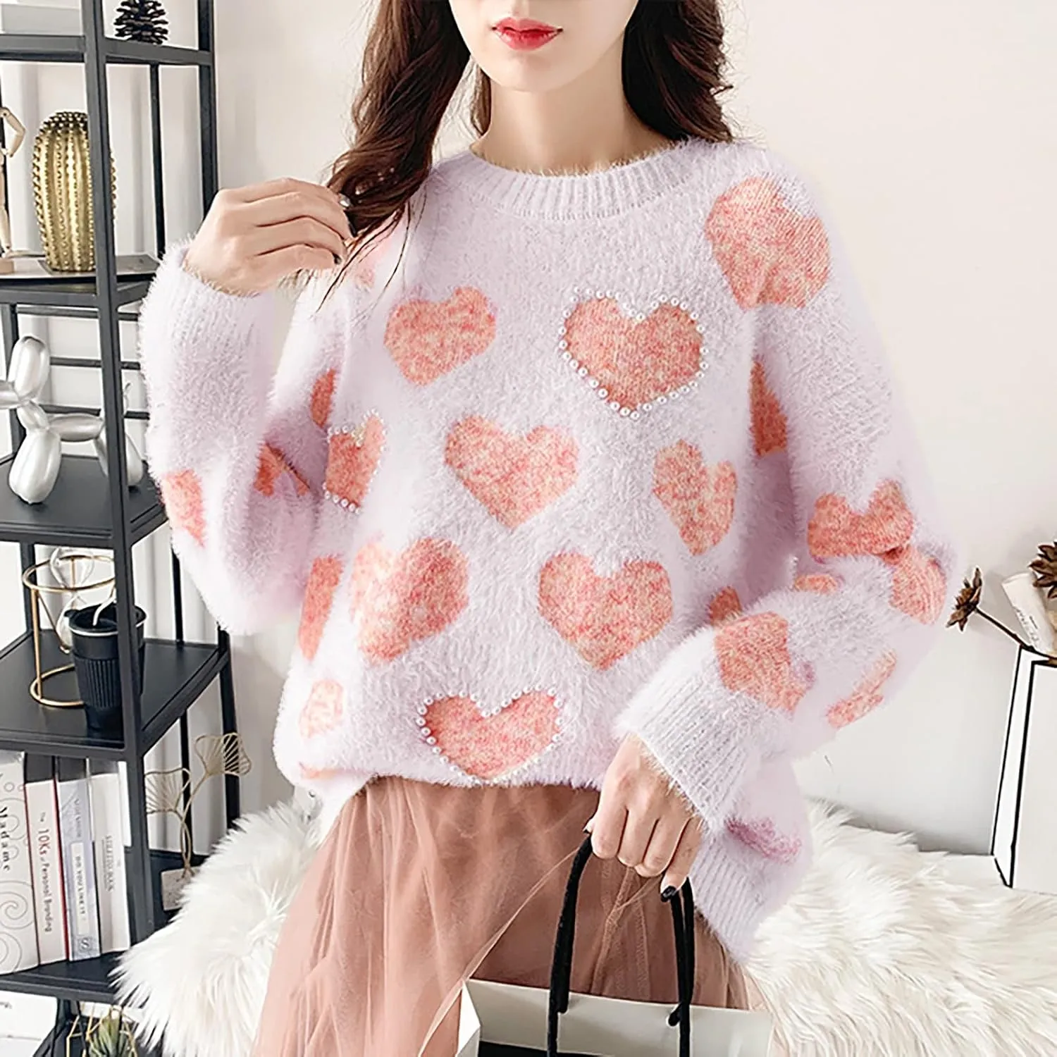 cooki Heart Sweater for Women Valentines Sweater Women Cute Heart Print Chunky Crew Neck Knitted Pullover Sweaters Casual