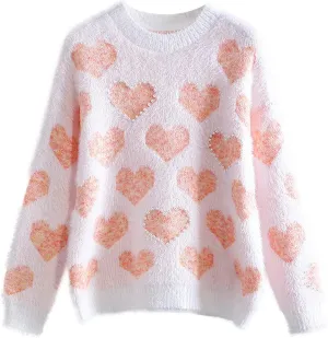 cooki Heart Sweater for Women Valentines Sweater Women Cute Heart Print Chunky Crew Neck Knitted Pullover Sweaters Casual