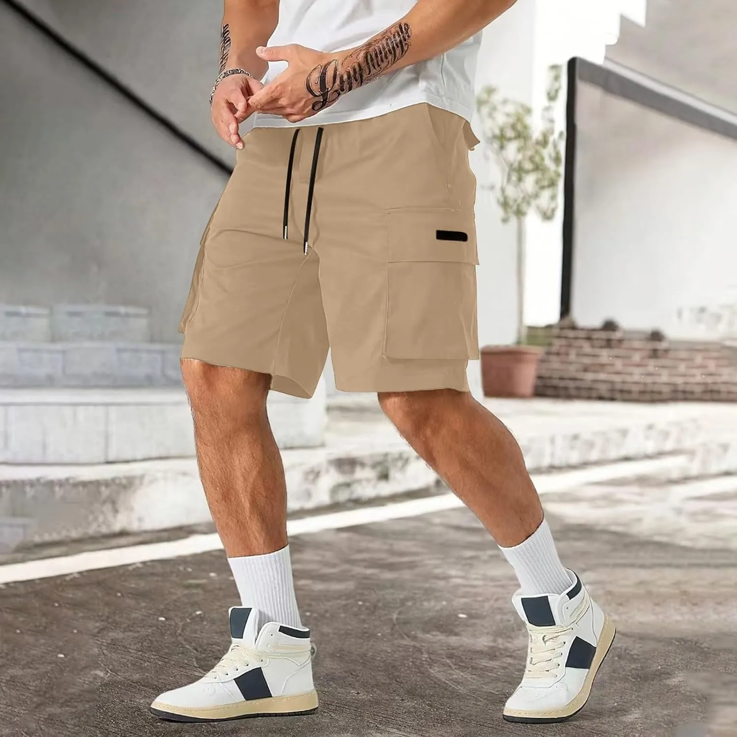 CRNTCEM Baggy Drawstring Cargo Shorts for Men Casual Twill Classic Relaxed Fit Work Short Pants Quick Dry Athletic Shorts