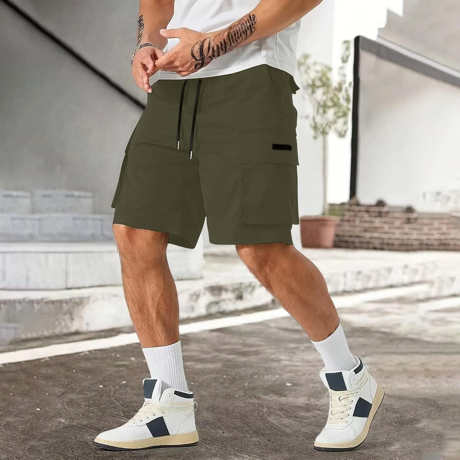 CRNTCEM Baggy Drawstring Cargo Shorts for Men Casual Twill Classic Relaxed Fit Work Short Pants Quick Dry Athletic Shorts
