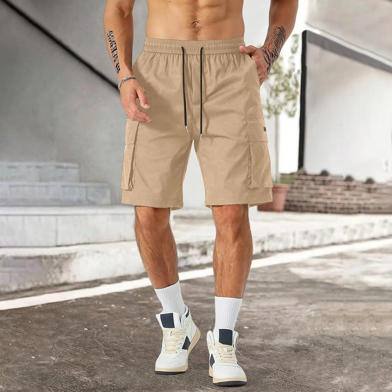 CRNTCEM Baggy Drawstring Cargo Shorts for Men Casual Twill Classic Relaxed Fit Work Short Pants Quick Dry Athletic Shorts