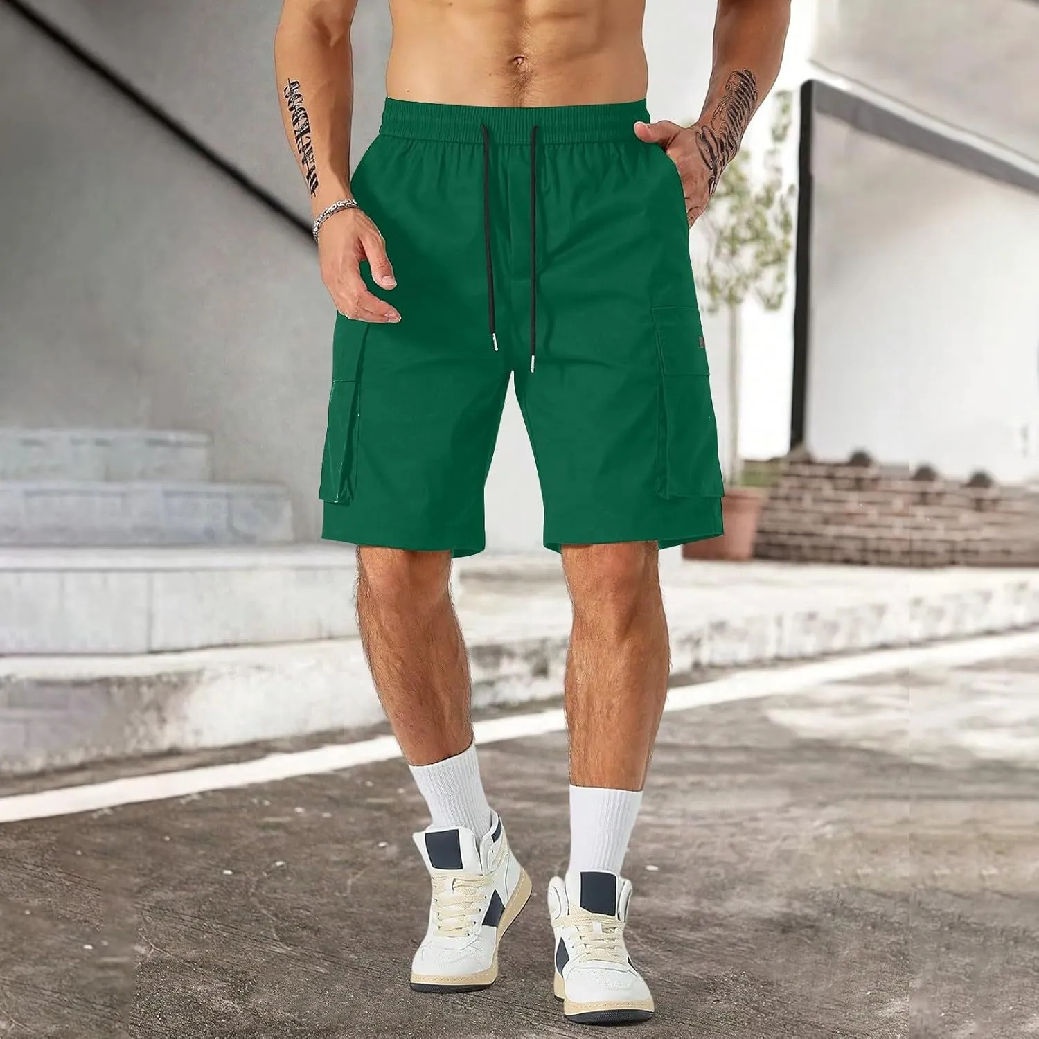 CRNTCEM Baggy Drawstring Cargo Shorts for Men Casual Twill Classic Relaxed Fit Work Short Pants Quick Dry Athletic Shorts