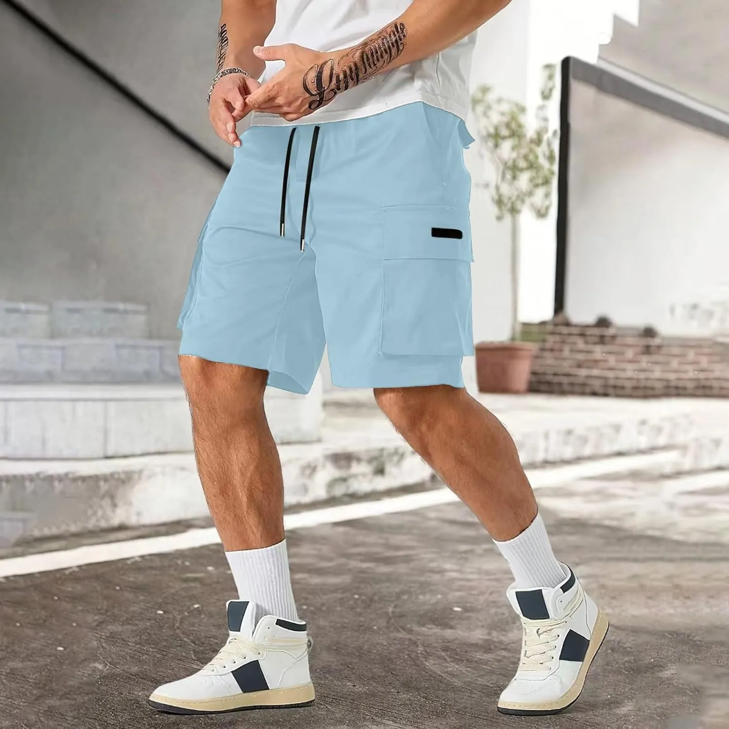 CRNTCEM Baggy Drawstring Cargo Shorts for Men Casual Twill Classic Relaxed Fit Work Short Pants Quick Dry Athletic Shorts