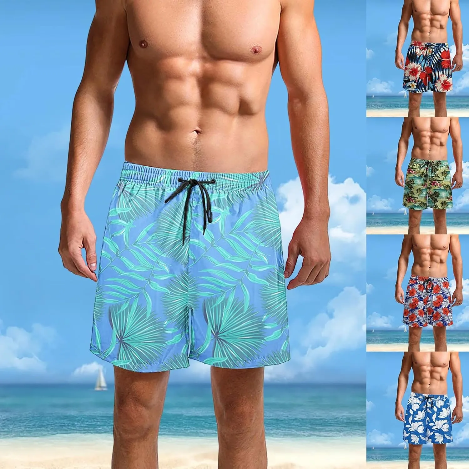 CRNTCEM Mens Casual Hawaiians Beach Shorts Quick Dry Swimwear Summer Swim Trunks Elastic Waist Drawstring Shorts