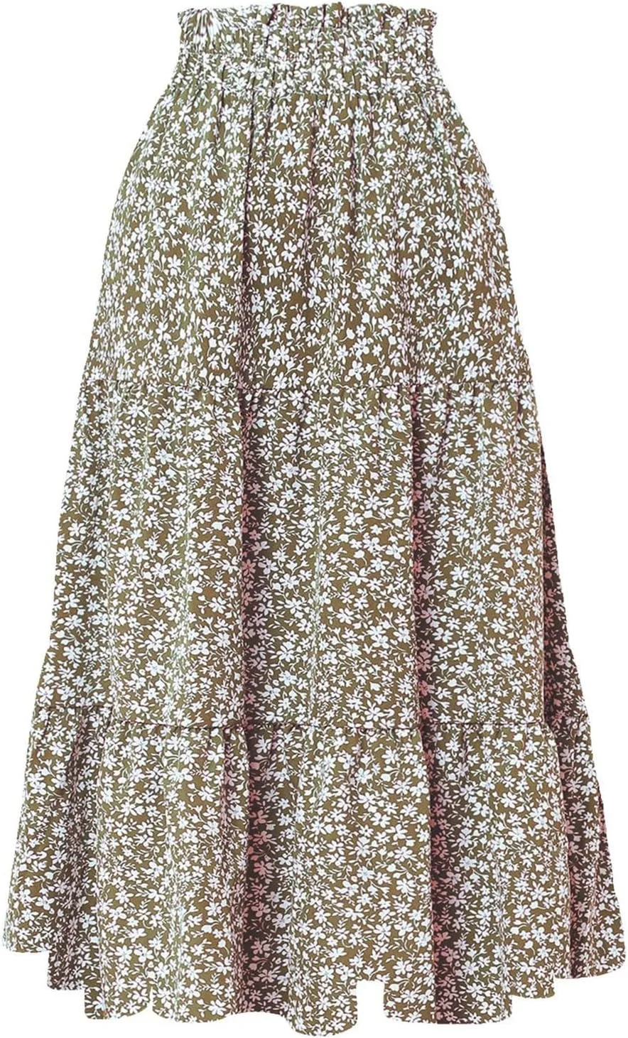 Cute Summer Floral Maxi Skirts for Women Boho Elastic High Waisted A-Line Skirts Fashion Flowy Swing Vacation Clothes