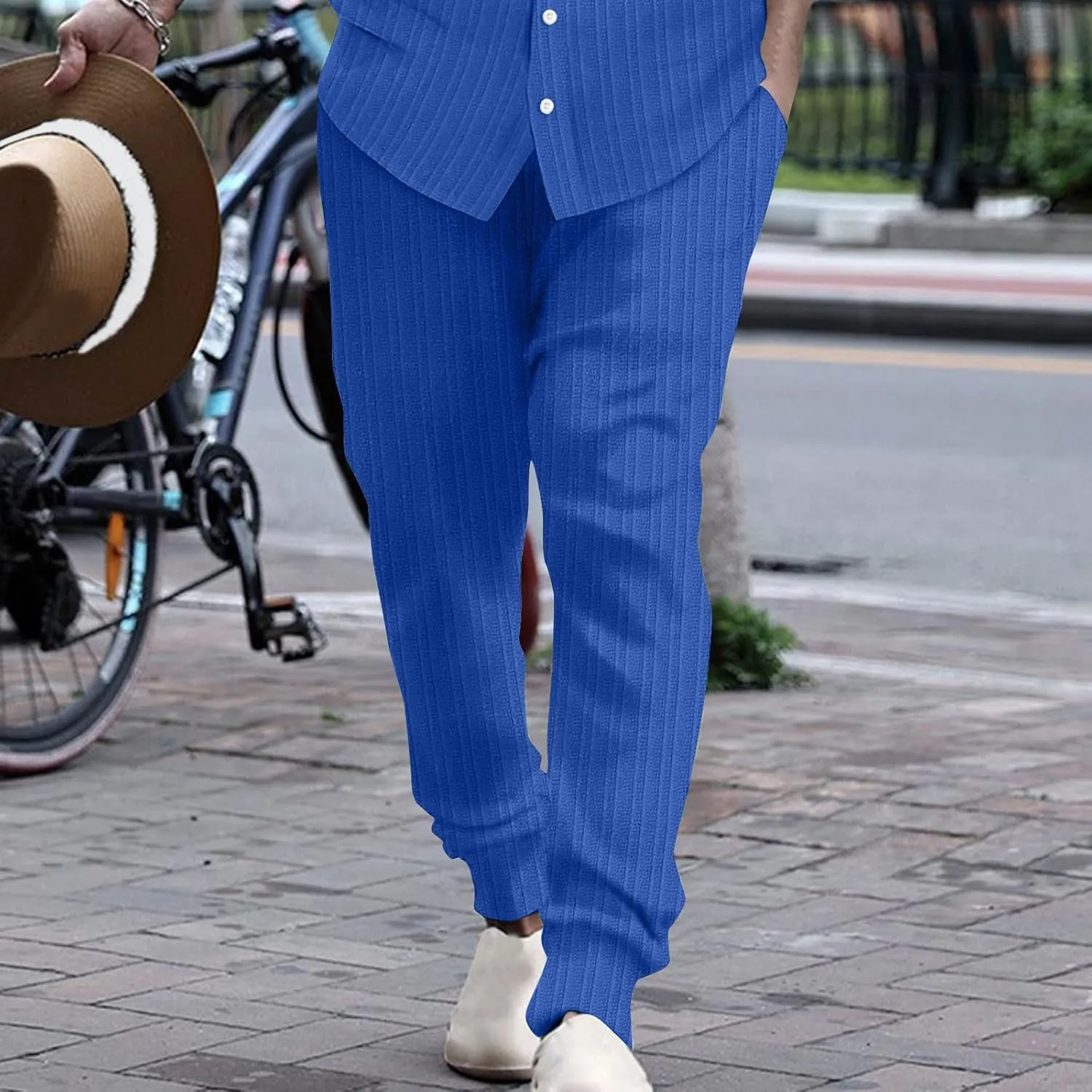 Dademeo Stripe Cotton Linen Pants for Men Comfy Breathable Casual Elastic Waist Straight Leg Pocket Business Pencil Trousers