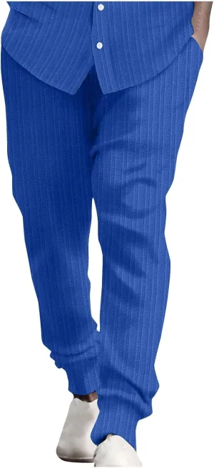 Dademeo Stripe Cotton Linen Pants for Men Comfy Breathable Casual Elastic Waist Straight Leg Pocket Business Pencil Trousers