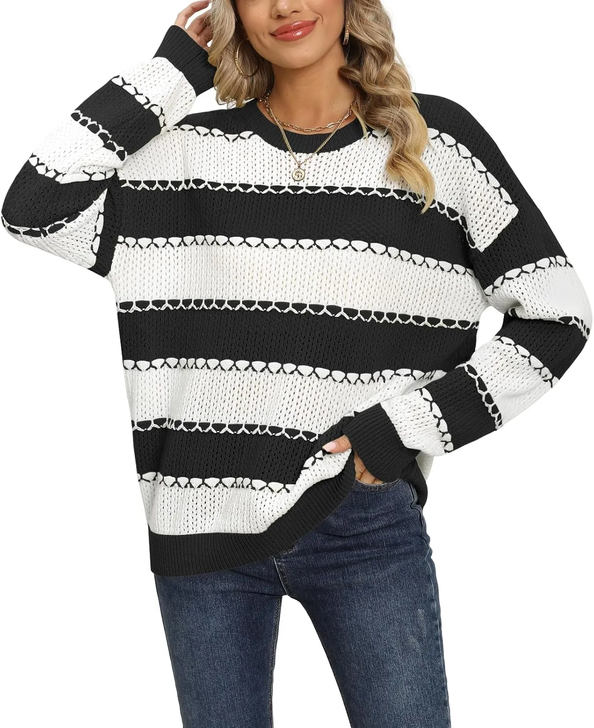 DB MOON Women Striped Sweater 2024 Crewneck Pullover Long Sleeve Cute Tops