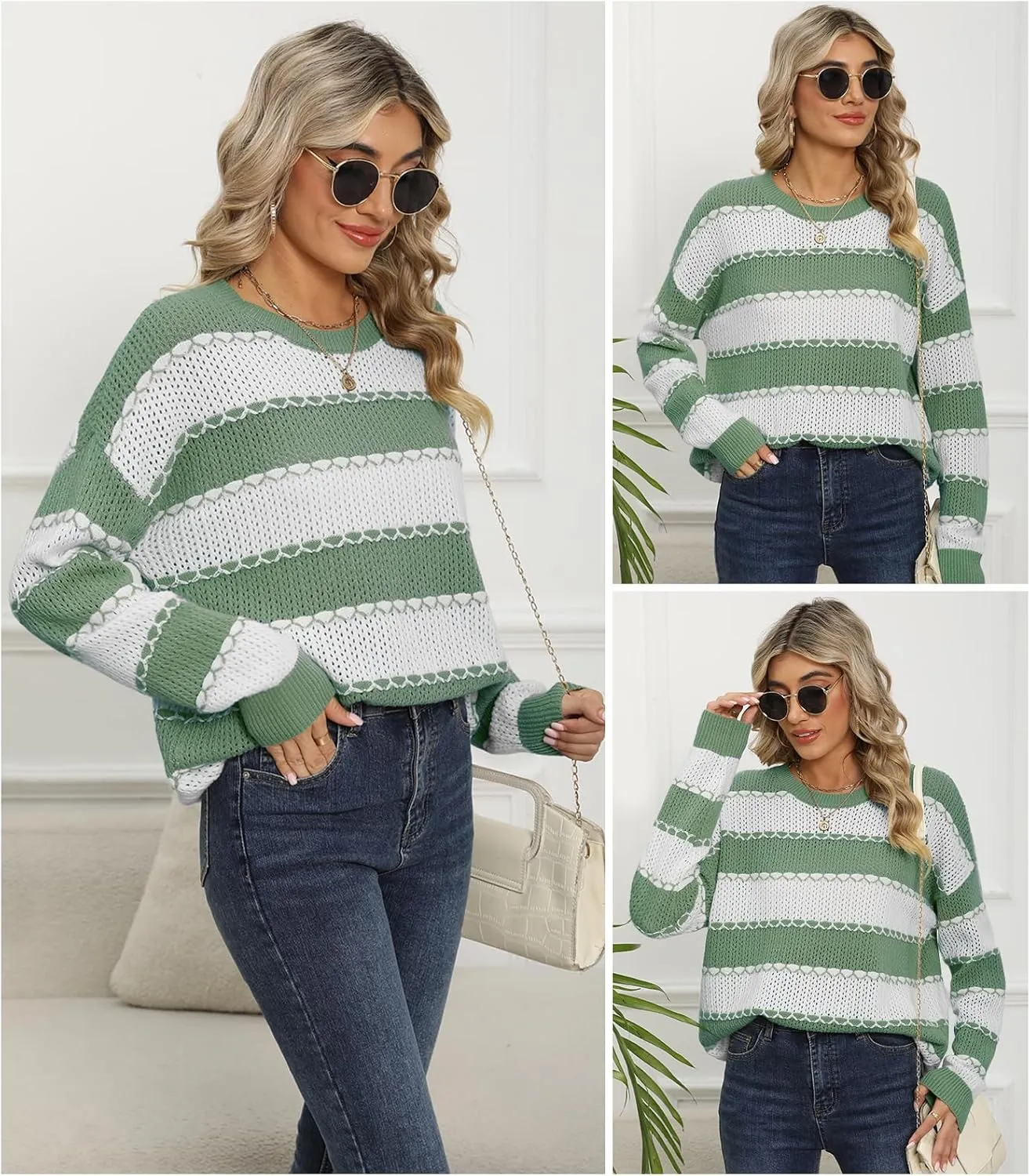DB MOON Women Striped Sweater 2024 Crewneck Pullover Long Sleeve Cute Tops