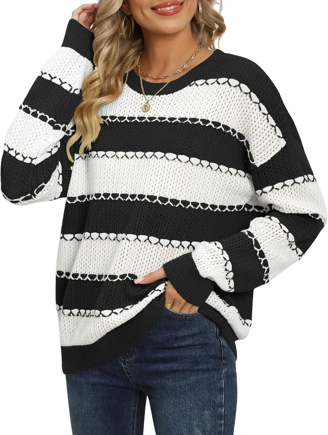 DB MOON Women Striped Sweater 2024 Crewneck Pullover Long Sleeve Cute Tops
