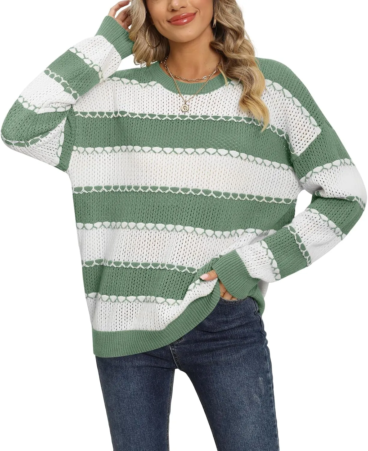 DB MOON Women Striped Sweater 2024 Crewneck Pullover Long Sleeve Cute Tops