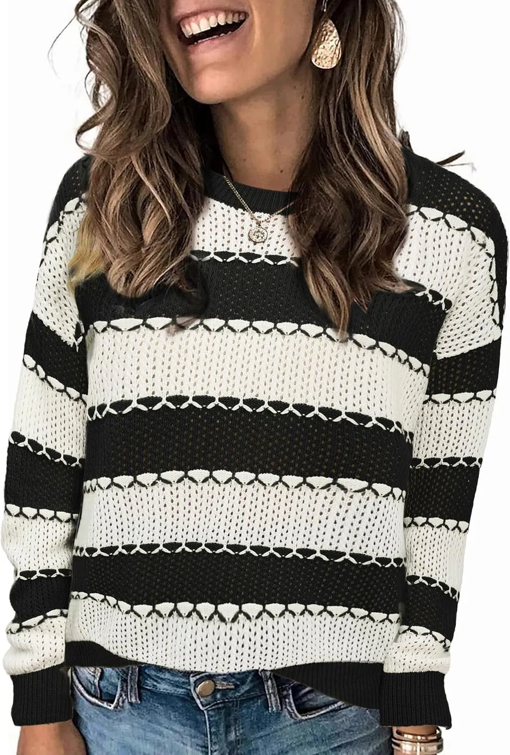 DB MOON Women Striped Sweater 2024 Crewneck Pullover Long Sleeve Cute Tops