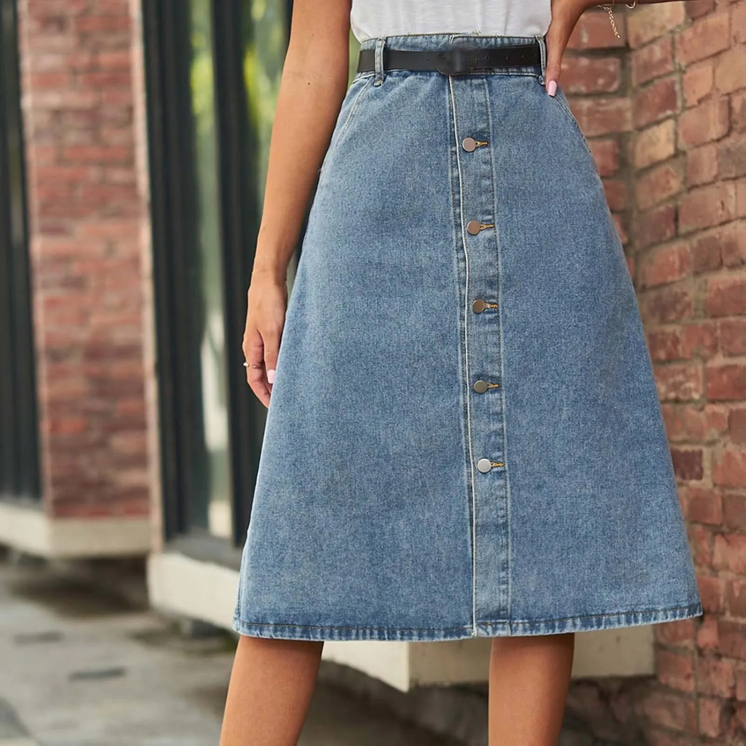 Denim A Line Skirt for Women High Waist Button Front Jean Midi Skirt Vintage Casual Outfits